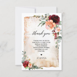 Burgundy Peach Coral Pink Roses Bridal Shower Thank You Card