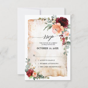 Burgundy Peach Coral Pink Roses Eucalyptus RSVP