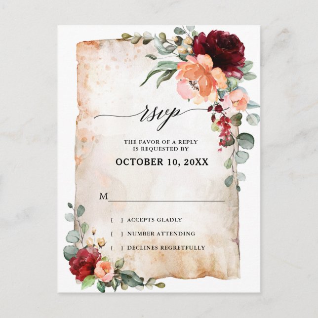 Burgundy Peach Coral Pink Roses Eucalyptus RSVP Postcard (Front)