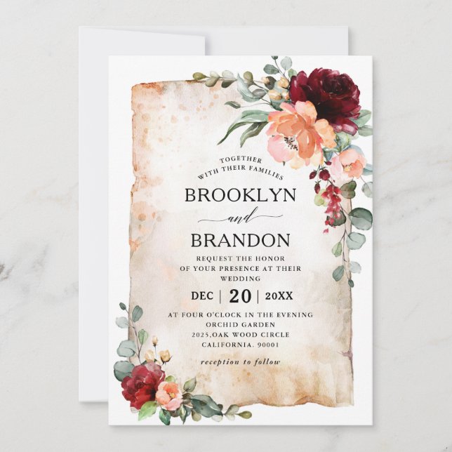 Burgundy Peach Coral Pink Roses Eucalyptus Wedding Invitation (Front)