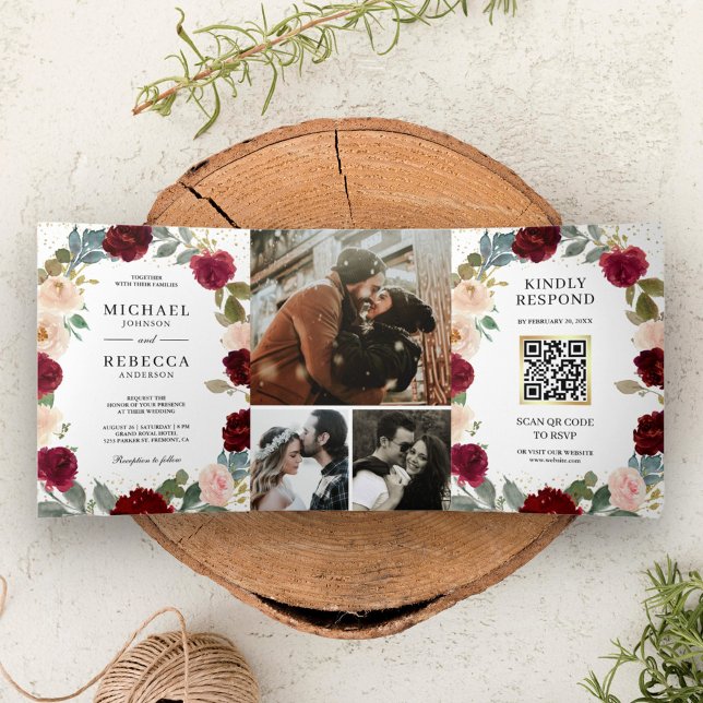 Burgundy Peach Floral All in One QR Code Wedding Tri-Fold Invitation (Creator Uploaded)