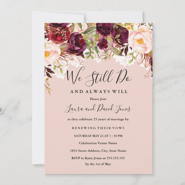 Burgundy Peach Floral Lace Wedding Vow Renewal Invitation (Front)