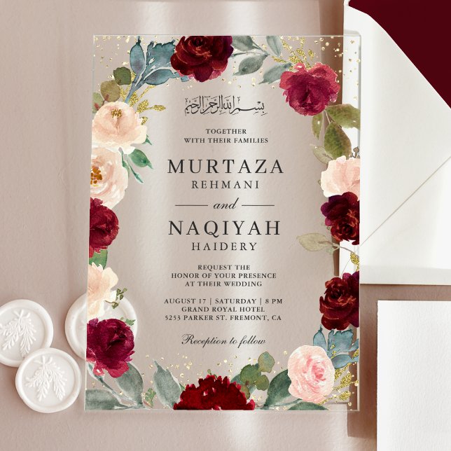 Burgundy Peach Floral Muslim Wedding Acrylic Invitations (Creator Uploaded)