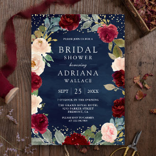 Burgundy Peach Floral Navy Blue Bridal Shower Invitation