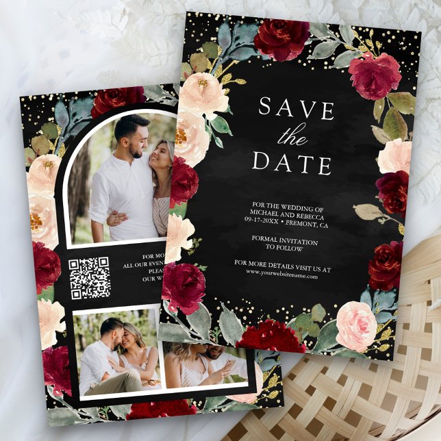 Burgundy Peach Floral Photo Black QR Code Wedding Save The Date (Creator Uploaded)