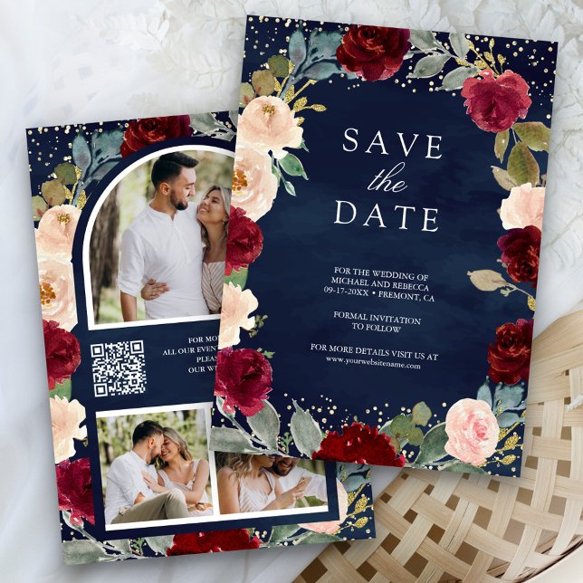 Burgundy Peach Floral Photo Navy QR Code Wedding Save The Date (Creator Uploaded)