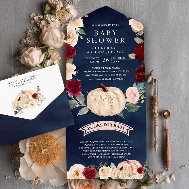 Burgundy Peach Floral Pumpkin Navy Baby Shower All In One Invitation (Creator Uploaded)