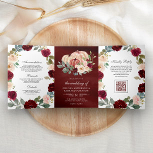 Burgundy Peach Floral Pumpkin QR Code Wedding Tri-Fold Invitation