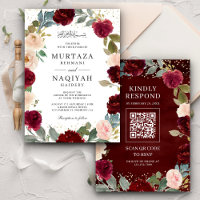 Burgundy Peach Floral QR Code Muslim Wedding