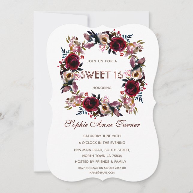 Burgundy Peach Floral Sweet Sixteen Party Invitation (Front)