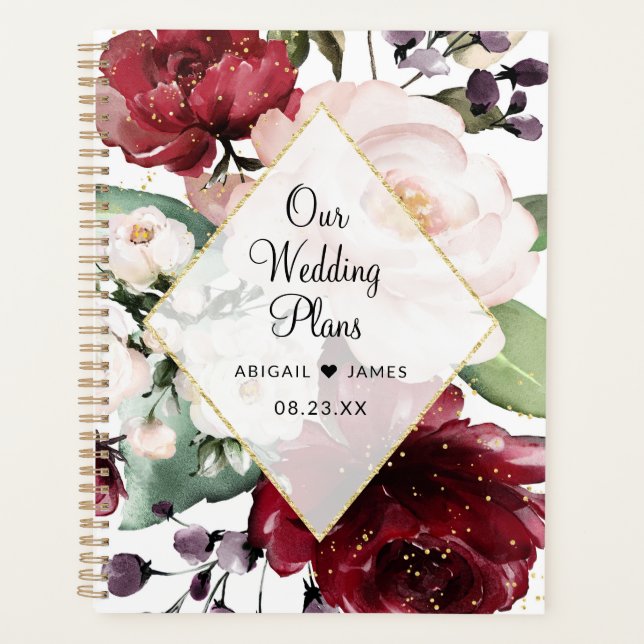 Burgundy Peach Floral Watercolor Gold Foil Wedding Planner (Front)