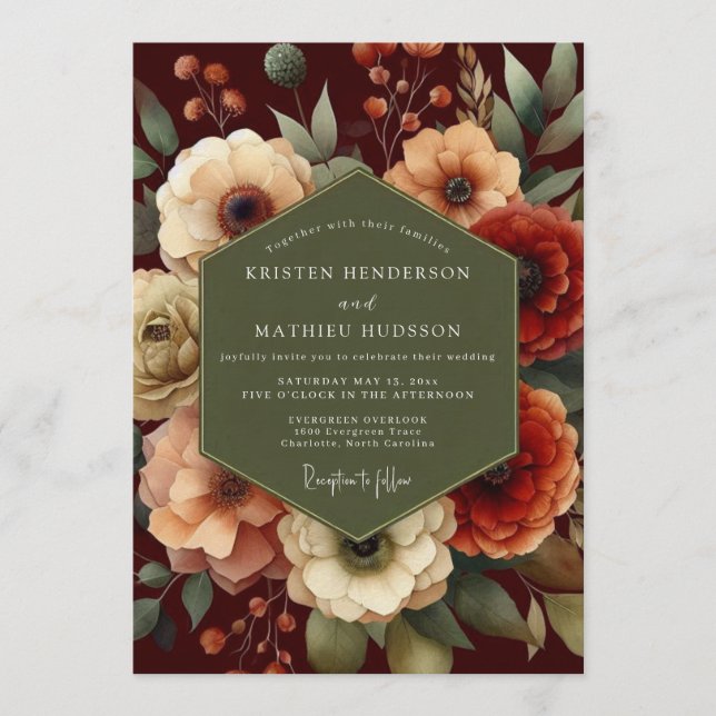 Burgundy Peach Floral Wedding Invitation (Front)