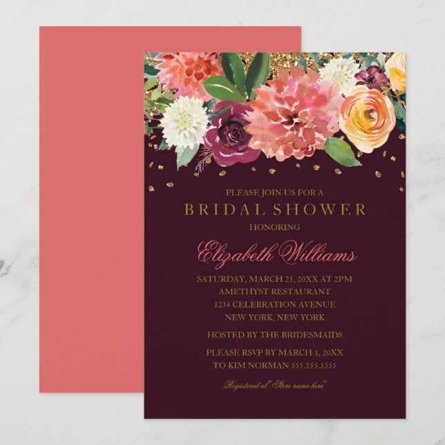 Burgundy Peach Gold Floral Glitter Bridal Shower Invitation (Front/Back)