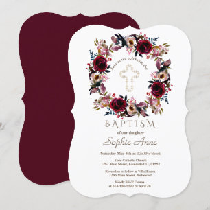 Burgundy Peach Marsala Floral Baptism Invitation