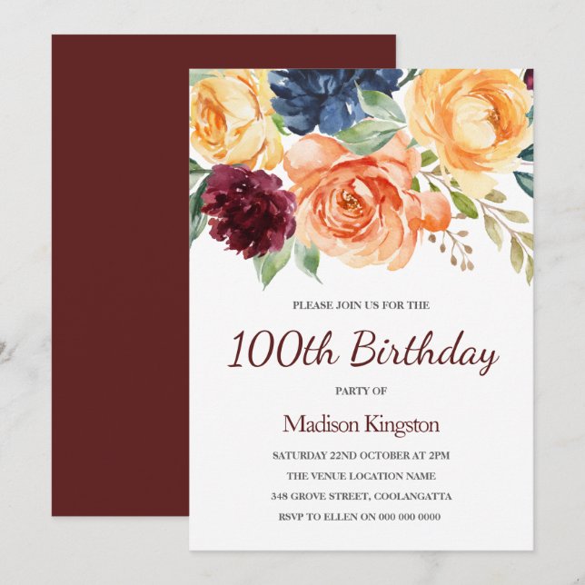Burgundy Peach Navy Floral 100th Birthday Invitation (Front/Back)