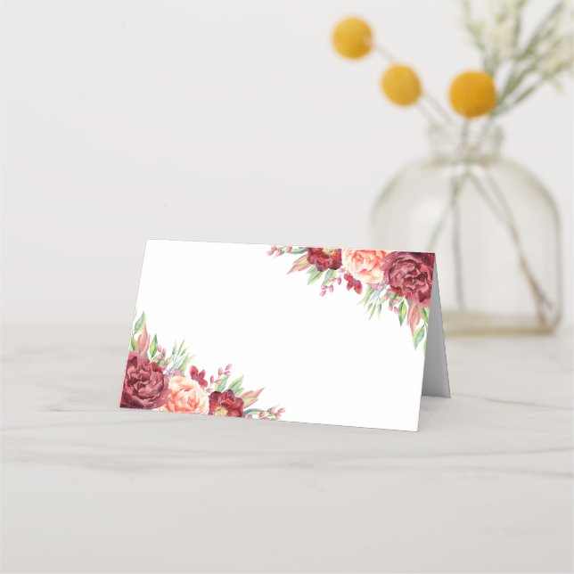 Burgundy Peach Rose Watercolor Floral Wedding Place Card (Front)
