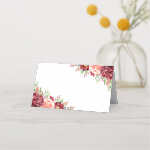 Burgundy Peach Rose Watercolor Floral Wedding Place Card
