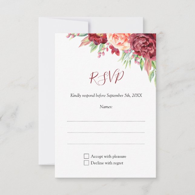 Burgundy Peach Rose Watercolor Floral Wedding RSVP Card (Front)