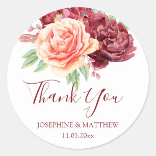 Burgundy Peach Rose Watercolor Wedding Thank You Classic Round Sticker