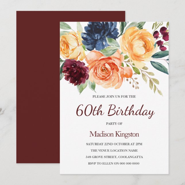 Burgundy & Peach Watercolor Floral 60th Birthday Invitation (Front/Back)
