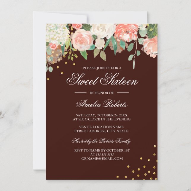 Burgundy Peach Watercolor Floral Sweet Sixteen Invitation (Front)