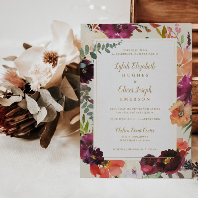 Burgundy + Peach Watercolor Floral Wedding Invitat Invitation (Creator Uploaded)