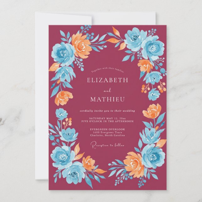 Burgundy Peach Wildflower Wedding Invitation (Front)
