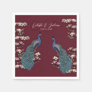 Burgundy Peacock Hand-Drawn Wedding Napkin