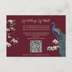 Burgundy Peacock Hand-Drawn Wedding QR Card