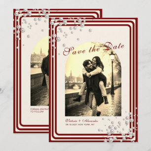 Burgundy Pearl Arch 2 Photo Wedding Save the Date Invitation