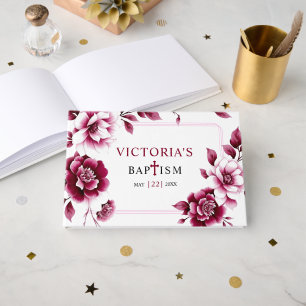 Burgundy peonies and triple border girl Baptism Guest Book