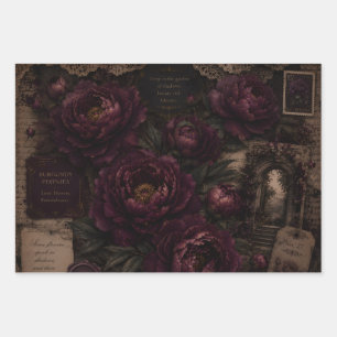 BURGUNDY PEONIES DARK FLORAL GARDEN WRAPPING PAPER SHEET