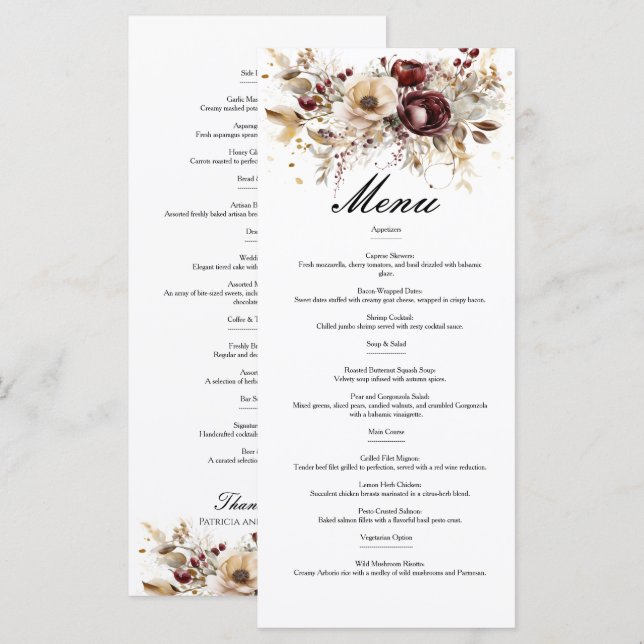 Burgundy peonies double sided wedding menu (Front/Back)