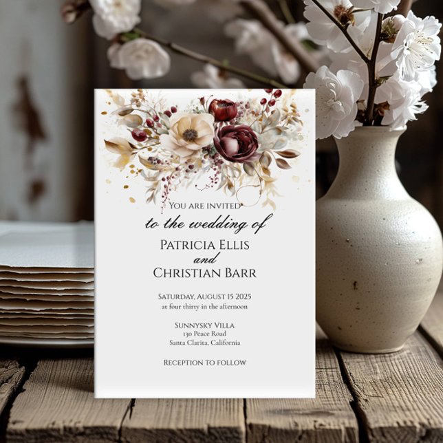 Burgundy peonies elegant wedding invitation (Creator Uploaded)