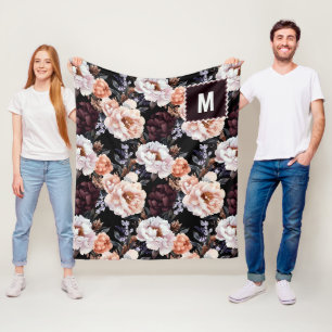 Burgundy Peonies Floral Pattern Monogram Fleece Blanket