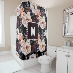 Burgundy Peonies Floral Pattern Monogram Shower Curtain