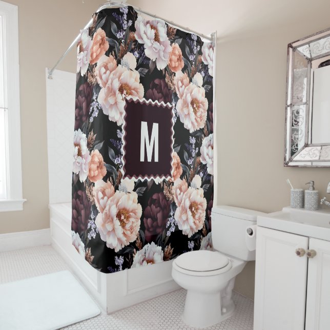 Burgundy Peonies Floral Pattern | Monogram Shower Curtain (In Situ)