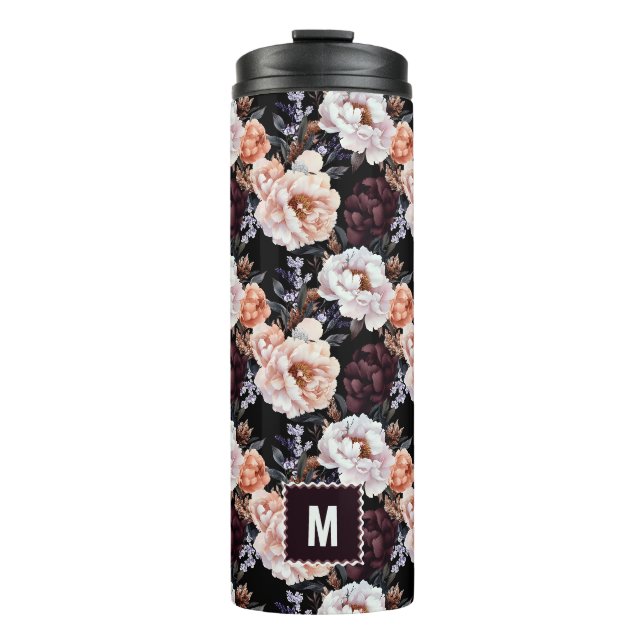 Burgundy Peonies Floral Pattern | Monogram Thermal Tumbler (Front)