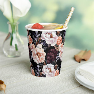 Burgundy Peonies Floral Pattern Paper Cups