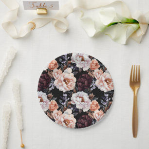 Burgundy Peonies Floral Pattern Paper Plate