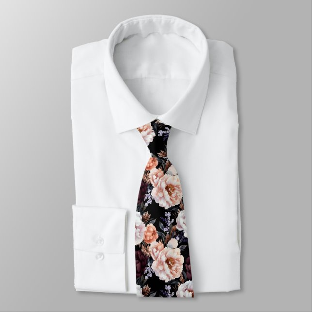 Burgundy Peonies Floral Pattern Tie (Tied)