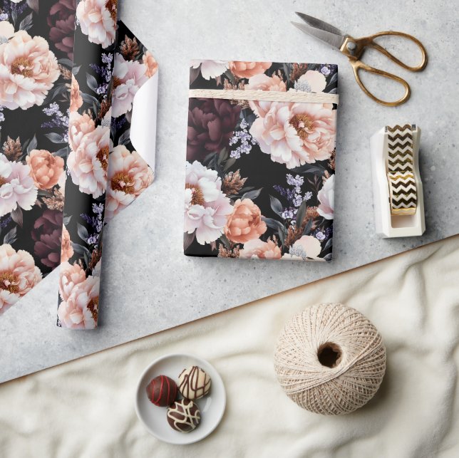 Burgundy Peonies Floral Pattern Wrapping Paper (Crafts)