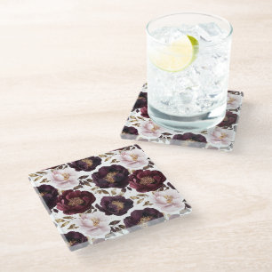 burgundy peonies flowers with gold glitter  glass coaster