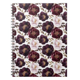burgundy peonies flowers with gold glitter notebook