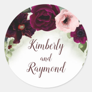 Burgundy Peonies Watercolor Greenery Bouquet Classic Round Sticker