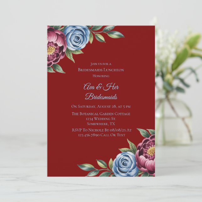 Burgundy Peony and Blue Rose Bridesmaids Luncheon Invitation (Standing Front)