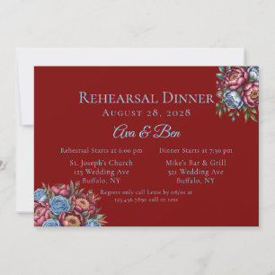 Burgundy Peony and Blue Rose Rehearsal Dinner Invitation