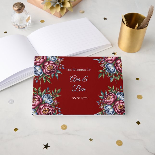 Burgundy Peony and Blue Rose Wedding Guest Book (Front Open)