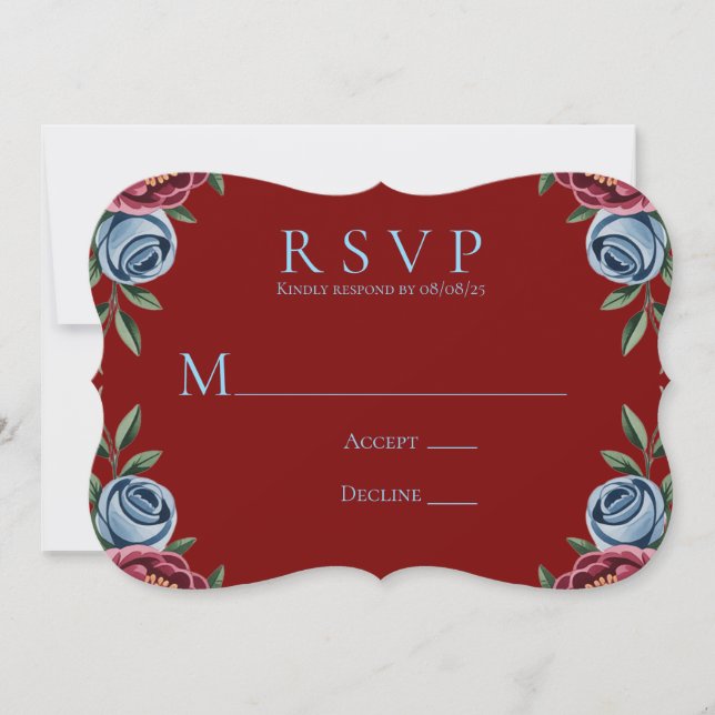 Burgundy Peony and Blue Rose Wedding RSVP Card (Front)
