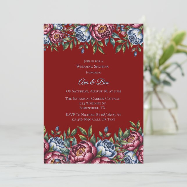 Burgundy Peony and Blue Rose Wedding Shower Invitation (Standing Front)
